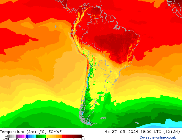 Temperature (2m) ECMWF Mo 27.05.2024 18 UTC