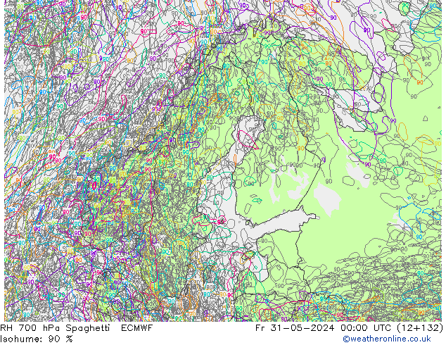 Humidité rel. 700 hPa Spaghetti ECMWF ven 31.05.2024 00 UTC