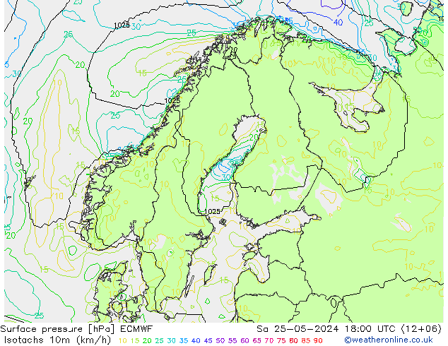 Isotachs (kph) ECMWF sab 25.05.2024 18 UTC