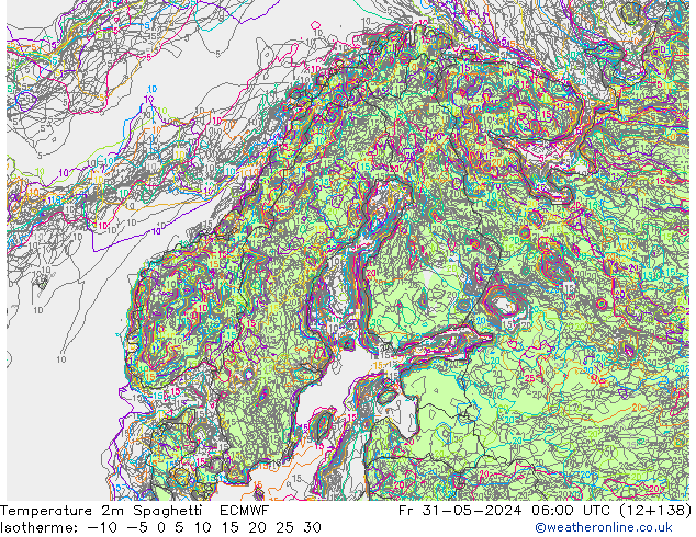 Temperatura 2m Spaghetti ECMWF ven 31.05.2024 06 UTC