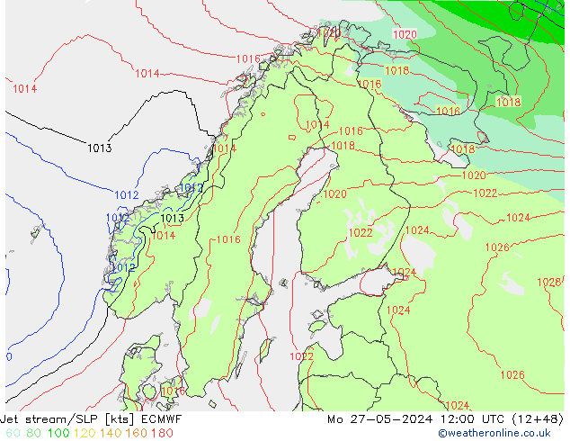 Jet stream/SLP ECMWF Mo 27.05.2024 12 UTC