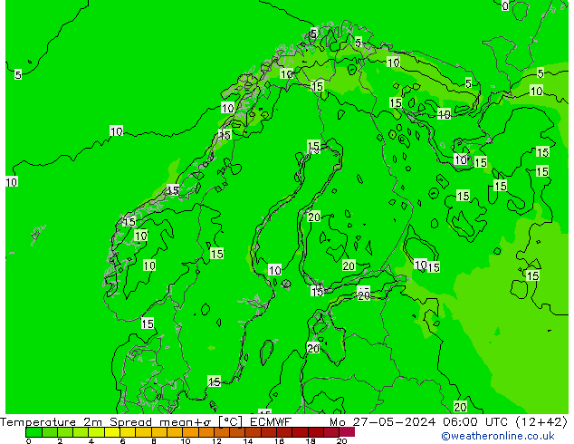 Temperature 2m Spread ECMWF Mo 27.05.2024 06 UTC