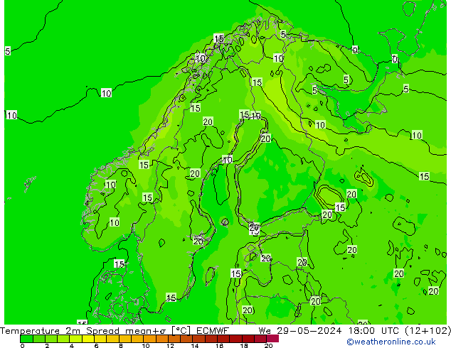 Temperatura 2m Spread ECMWF mié 29.05.2024 18 UTC