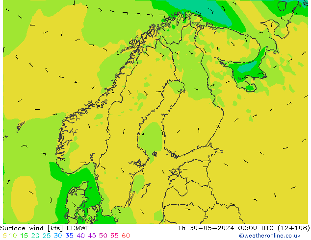 Vento 10 m ECMWF gio 30.05.2024 00 UTC