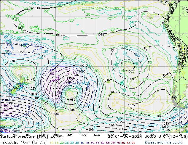 Isotaca (kph) ECMWF sáb 01.06.2024 00 UTC