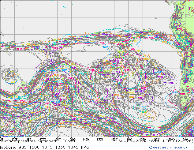 pressão do solo Spaghetti ECMWF Qui 30.05.2024 18 UTC