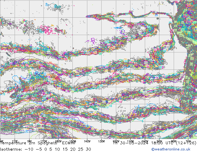 Temperatura 2m Spaghetti ECMWF Qui 30.05.2024 18 UTC