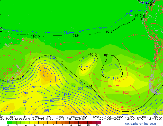 Atmosférický tlak Spread ECMWF Čt 30.05.2024 12 UTC