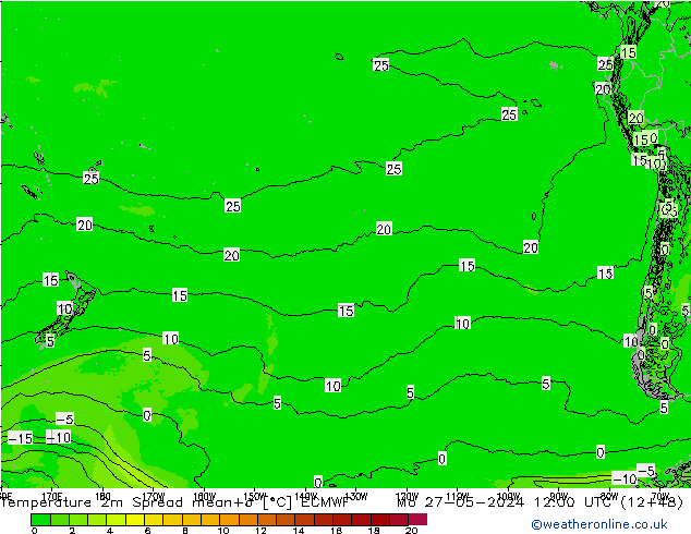 Temperatura 2m Spread ECMWF Seg 27.05.2024 12 UTC