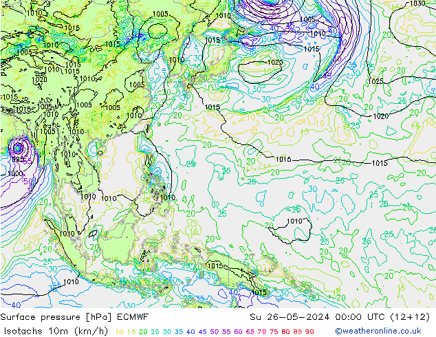 Isotachs (kph) ECMWF Вс 26.05.2024 00 UTC