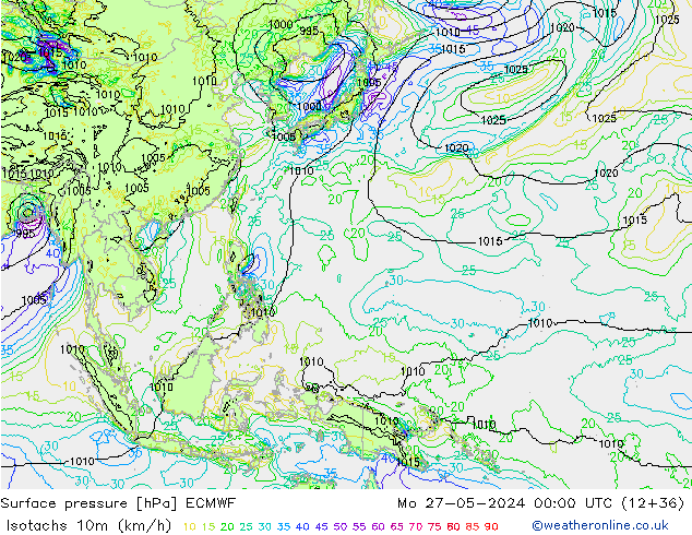 Isotachs (kph) ECMWF пн 27.05.2024 00 UTC