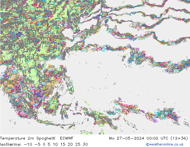 Temperatura 2m Spaghetti ECMWF lun 27.05.2024 00 UTC