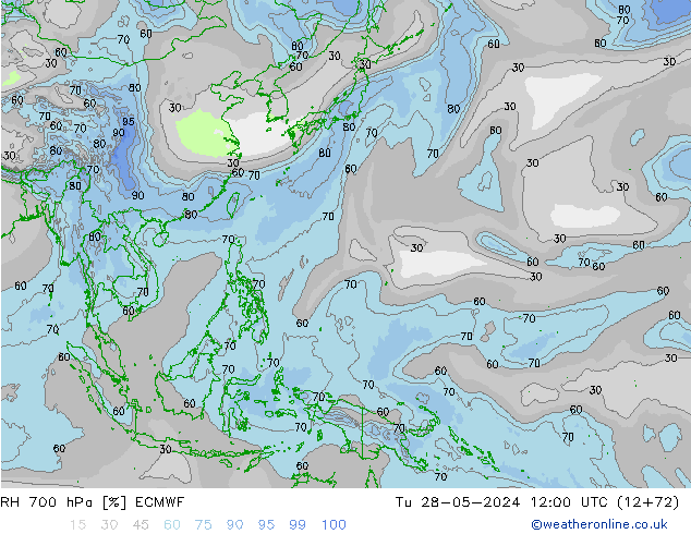 RH 700 hPa ECMWF Út 28.05.2024 12 UTC