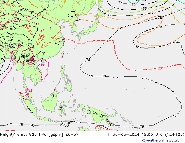 Height/Temp. 925 hPa ECMWF Th 30.05.2024 18 UTC