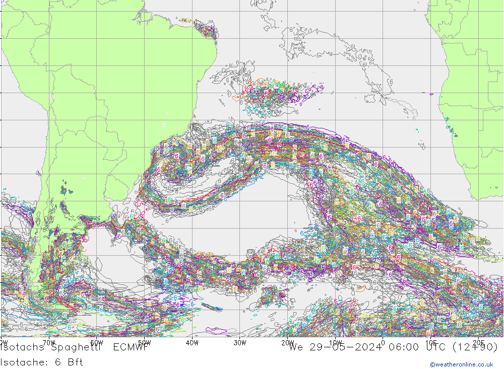 Isotachs Spaghetti ECMWF mer 29.05.2024 06 UTC