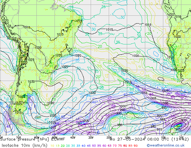 Isotachs (kph) ECMWF Mo 27.05.2024 06 UTC