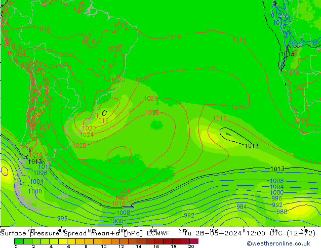 Pressione al suolo Spread ECMWF mar 28.05.2024 12 UTC