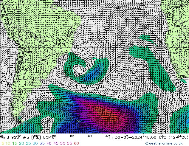 Vento 925 hPa ECMWF gio 30.05.2024 18 UTC