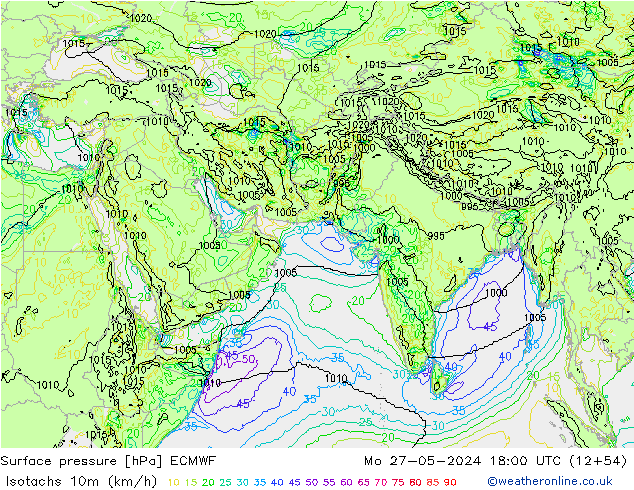 Isotachs (kph) ECMWF Mo 27.05.2024 18 UTC