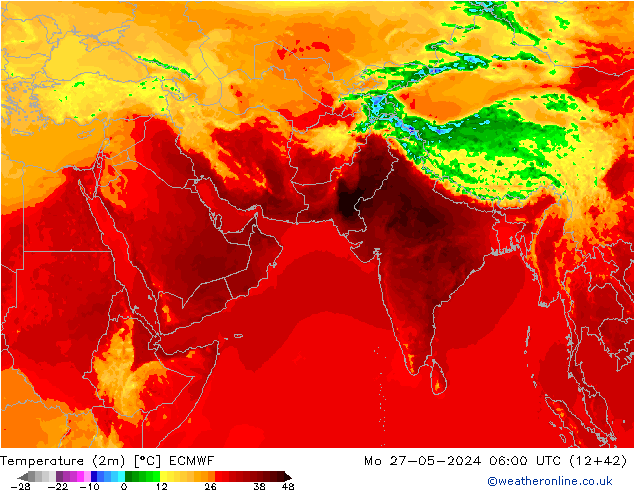 Temperatuurkaart (2m) ECMWF ma 27.05.2024 06 UTC