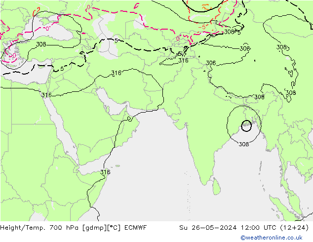 Hoogte/Temp. 700 hPa ECMWF zo 26.05.2024 12 UTC