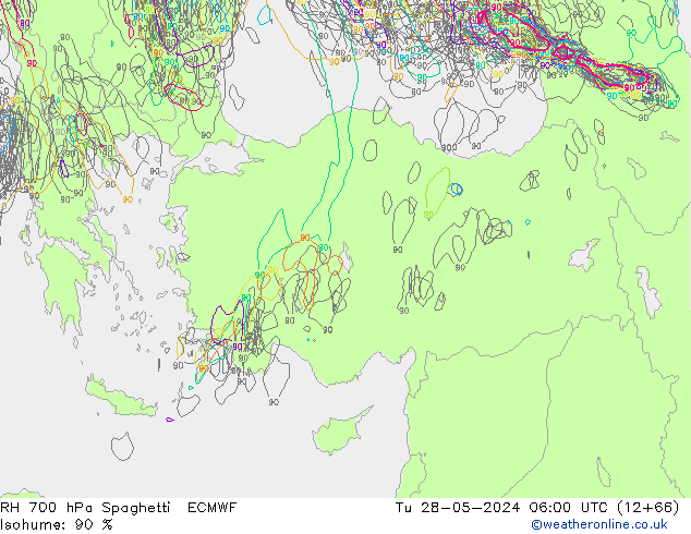 RH 700 hPa Spaghetti ECMWF Di 28.05.2024 06 UTC