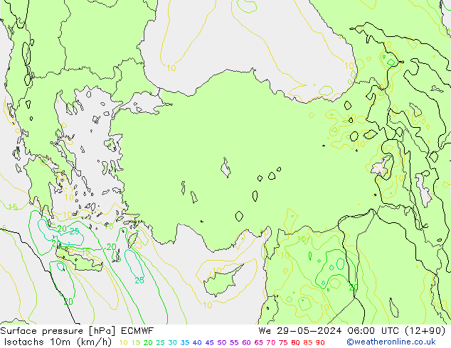 Isotaca (kph) ECMWF mié 29.05.2024 06 UTC