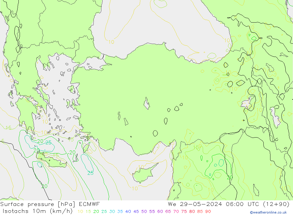 Eşrüzgar Hızları (km/sa) ECMWF Çar 29.05.2024 06 UTC