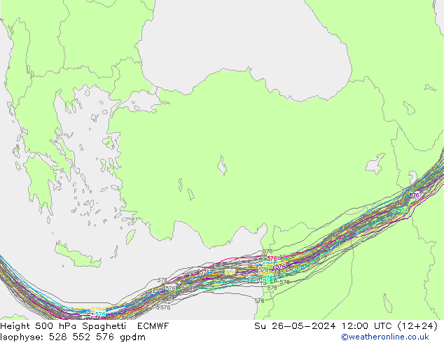 Height 500 hPa Spaghetti ECMWF So 26.05.2024 12 UTC