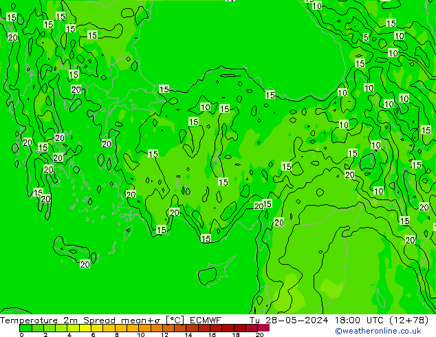 Temperature 2m Spread ECMWF Út 28.05.2024 18 UTC