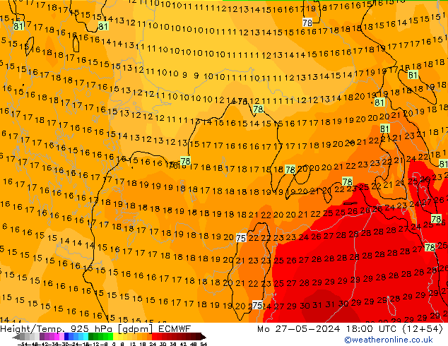 Height/Temp. 925 hPa ECMWF Seg 27.05.2024 18 UTC