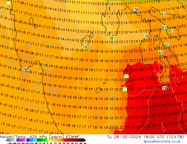 Geop./Temp. 925 hPa ECMWF mar 28.05.2024 18 UTC