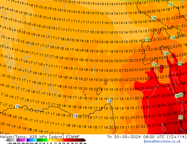 Hoogte/Temp. 925 hPa ECMWF do 30.05.2024 06 UTC