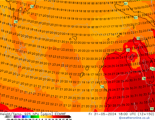 Height/Temp. 925 hPa ECMWF Sex 31.05.2024 18 UTC