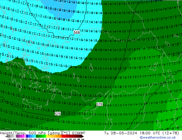 Height/Temp. 500 hPa ECMWF Tu 28.05.2024 18 UTC