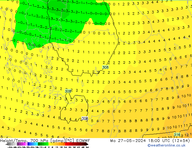 Geop./Temp. 700 hPa ECMWF lun 27.05.2024 18 UTC