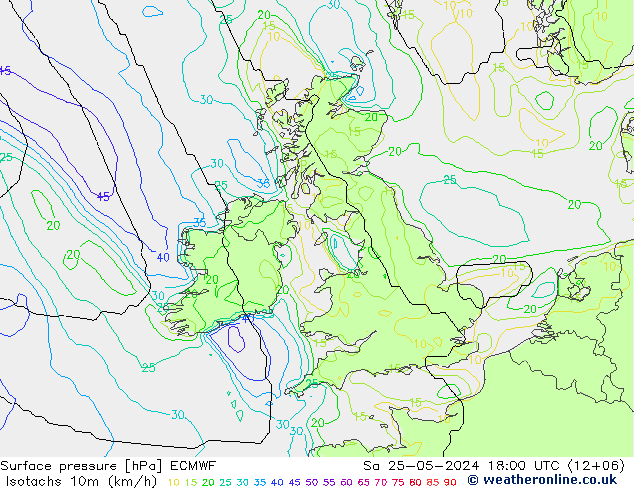 Isotaca (kph) ECMWF sáb 25.05.2024 18 UTC