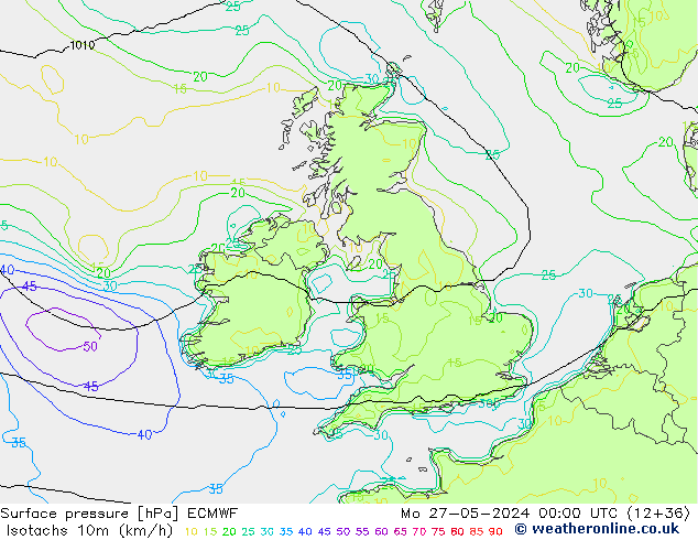 Isotachs (kph) ECMWF пн 27.05.2024 00 UTC