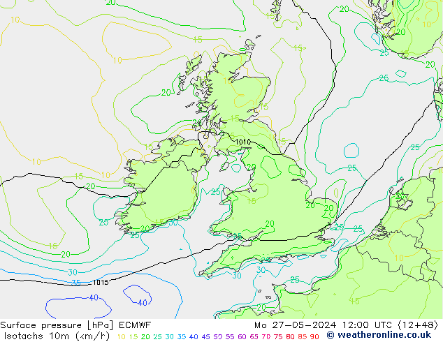 Isotachs (kph) ECMWF  27.05.2024 12 UTC