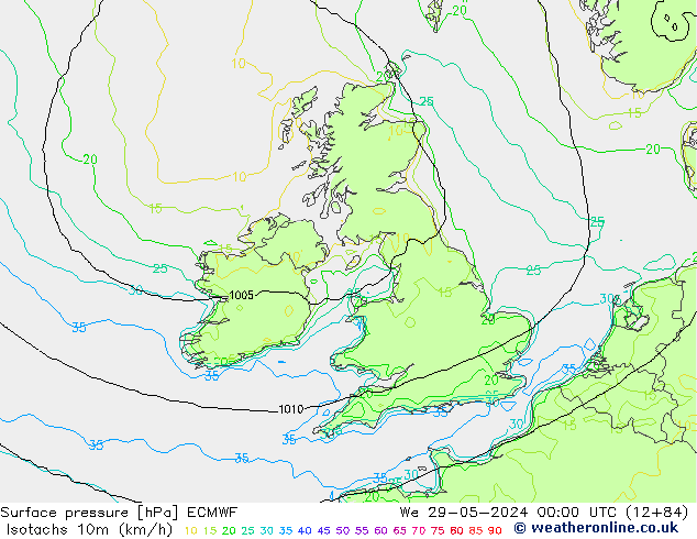 Isotachen (km/h) ECMWF Mi 29.05.2024 00 UTC