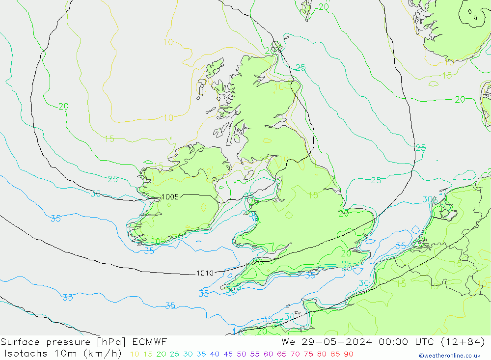 Isotachs (kph) ECMWF ср 29.05.2024 00 UTC