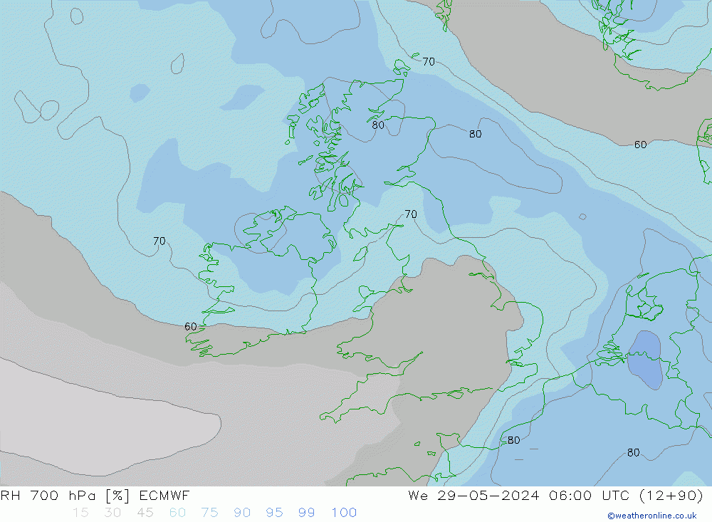 RH 700 hPa ECMWF Qua 29.05.2024 06 UTC