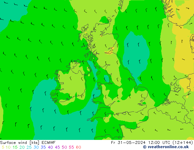 wiatr 10 m ECMWF pt. 31.05.2024 12 UTC