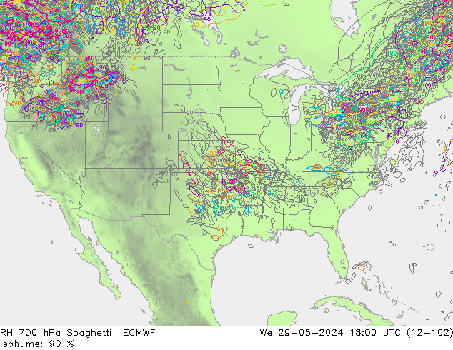 Humedad rel. 700hPa Spaghetti ECMWF mié 29.05.2024 18 UTC