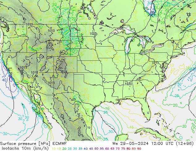 Isotachs (kph) ECMWF We 29.05.2024 12 UTC