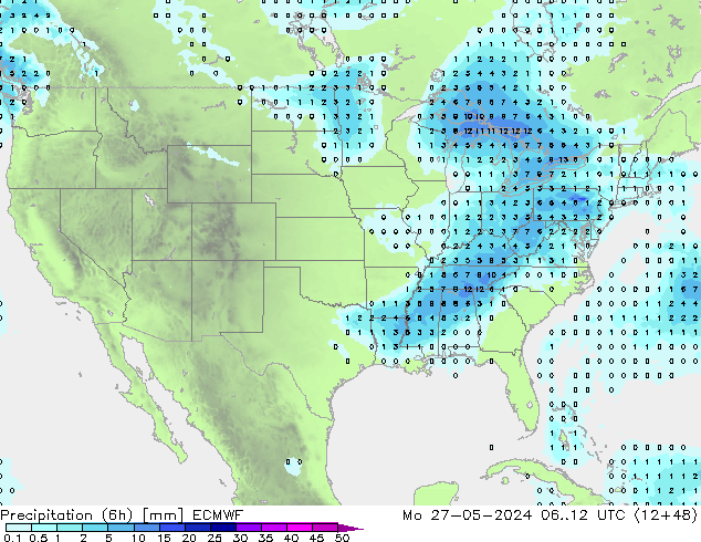 Precipitation (6h) ECMWF Po 27.05.2024 12 UTC