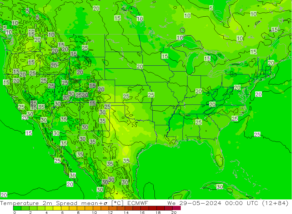 Temperatuurkaart Spread ECMWF wo 29.05.2024 00 UTC