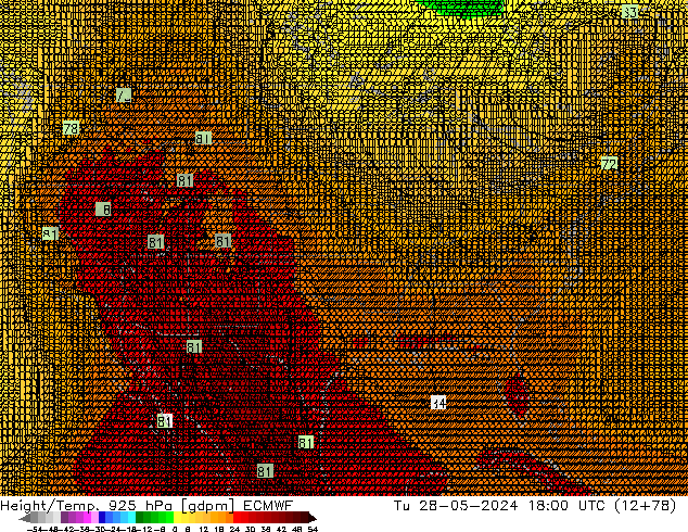 Height/Temp. 925 hPa ECMWF mar 28.05.2024 18 UTC