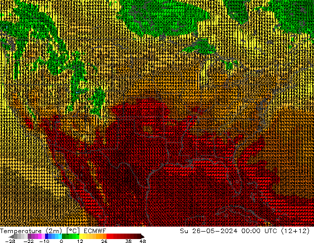 mapa temperatury (2m) ECMWF nie. 26.05.2024 00 UTC