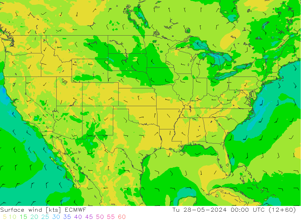 wiatr 10 m ECMWF wto. 28.05.2024 00 UTC